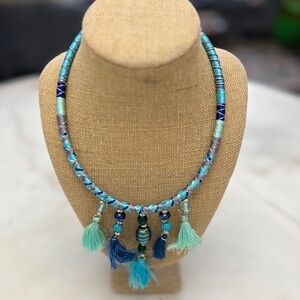 Bohemian Blue and Green Beaded and tassel Necklace with Intricate Metalwork